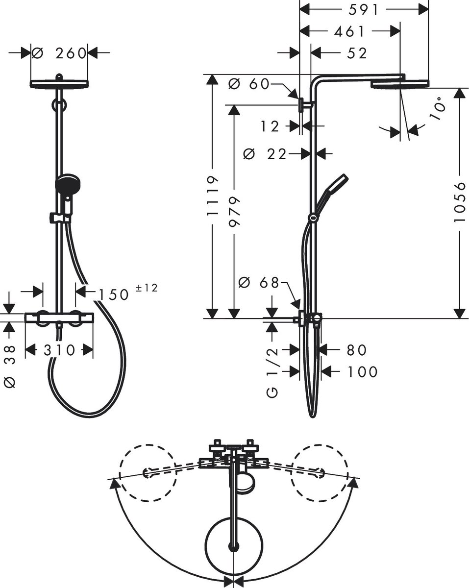 HansgrohePulsify Puro1jet showerpipe ecosmart 260 thermostatisch 3jet handdouche en douche