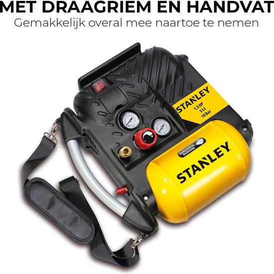 Zwarte en gele Stanley Airboss compressor met draagband, 1.5 pk, 5 liter, 10 bar