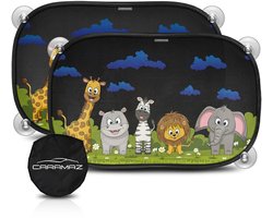 CARAMAZ Zonnescherm Auto Baby & Kinderen Dieren | 2 stuks - 51x31cm | Met Gecertificeerde UV-bescherming | Opti-Dark | Zonnescherm Auto Zijruit met Zuignap | Zonnescherm Zijruit Auto | Zonnescherm Kinderen Autoraam | Verduistering