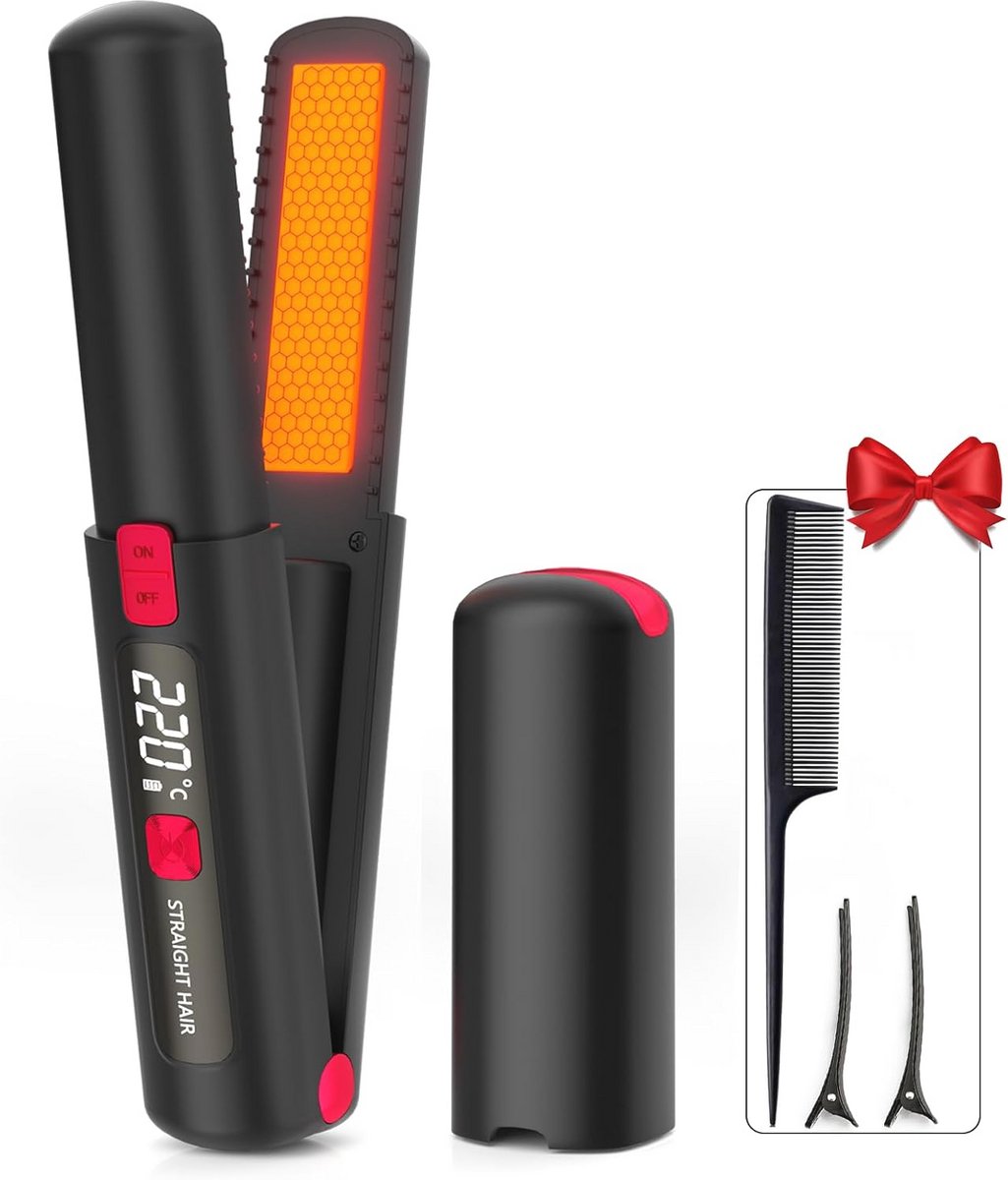 Draadloze Mini Stijltang - 2-in-1 Voor Krullen en Stijlen, Instelbare Temperatuur, USB-oplaadbaar