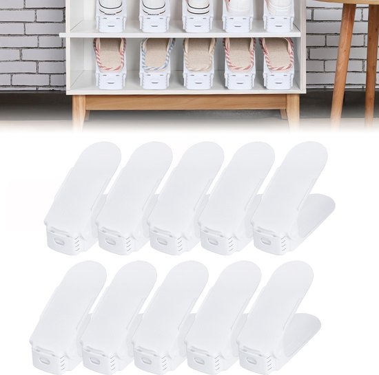 NAIZY Lot de 10 étagères à chaussures réglables en PP , anti-bruit, hauteur réglable, gain de place , rangement à double couche (Wit)