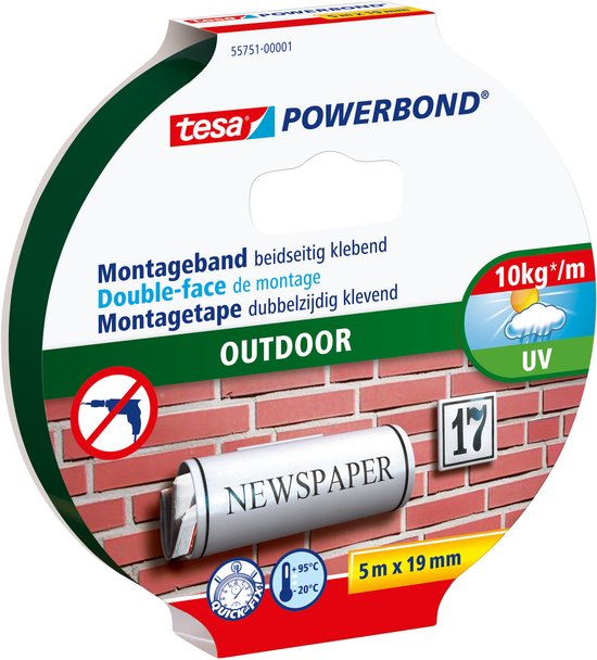 Verpakking tesa Powerbond Outdoor dubbelzijdig klevende montagetape, 5m x 19mm, voor bakstenen muur.