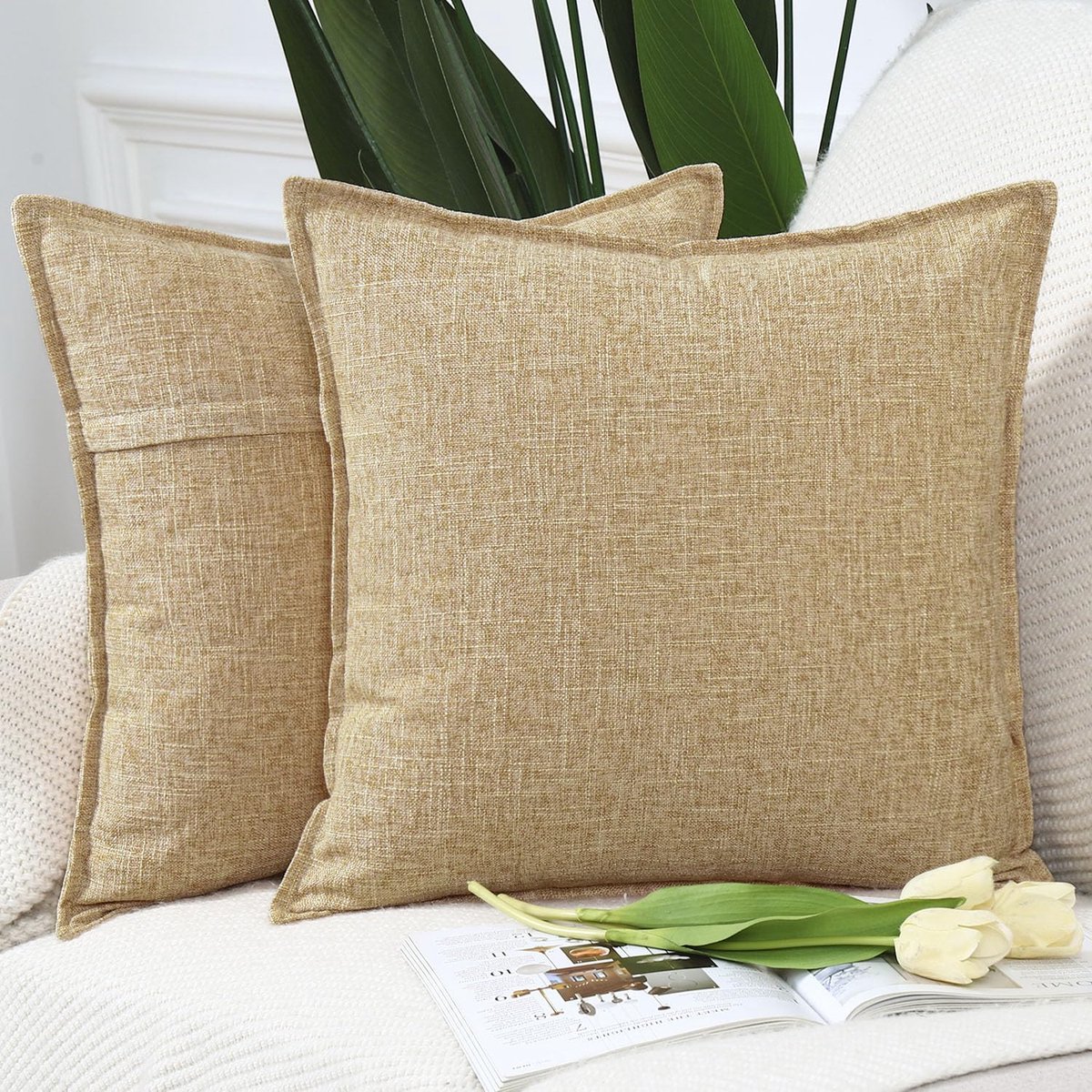 Unyqoos ® Set van 2 Stijlvolle Linnen Kussenhoezen voor Bank en Slaapkamer, Beige, 60 x 60 cm