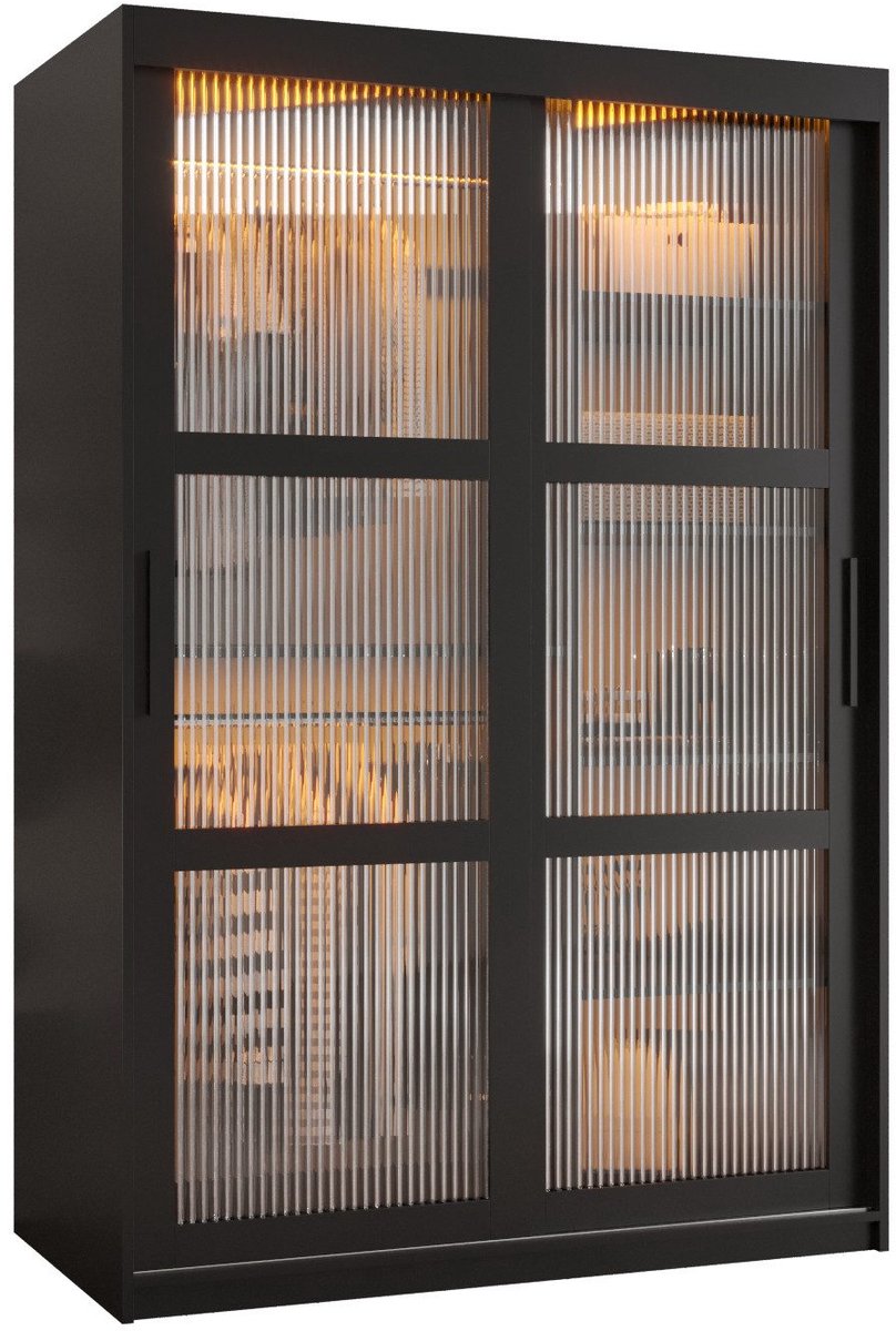 AJE Meubles B.V. Zweefdeurkast Kledingkast met 2 schuifdeuren glanzen slaapkamerkast Kledingstang met planken Garderobekast met geribbeld glas - ARTON (120 cm, Zwart) met lades