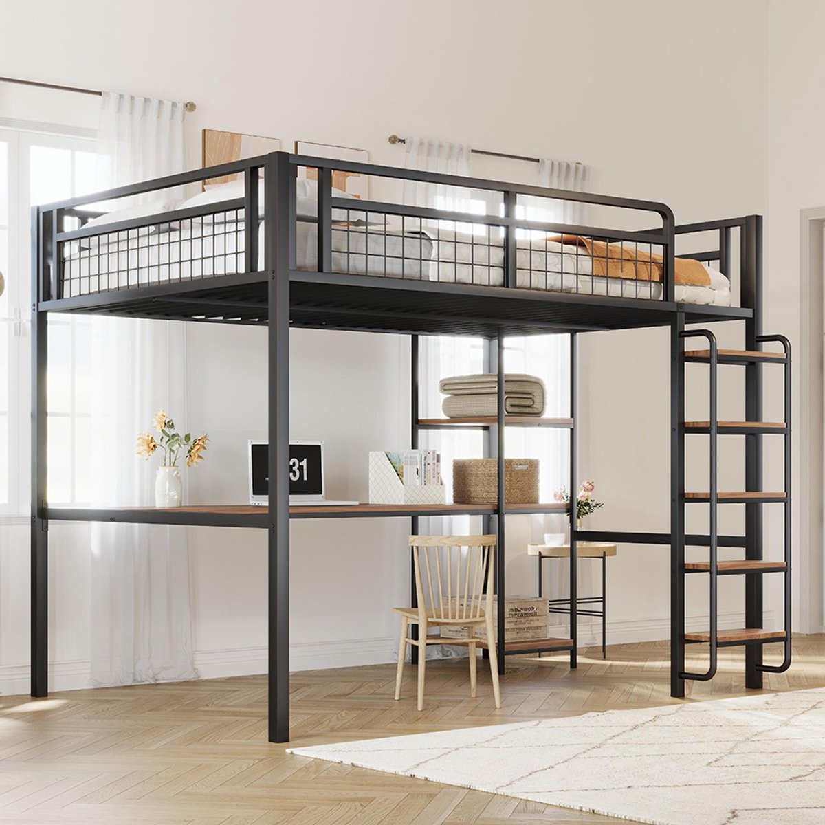 KOMHTOM Kinderbed Stapelbed dubbel 140x200 cm veiligheidsladder met trap, tafel en plank, metalen gaasveiligheidshek zwart