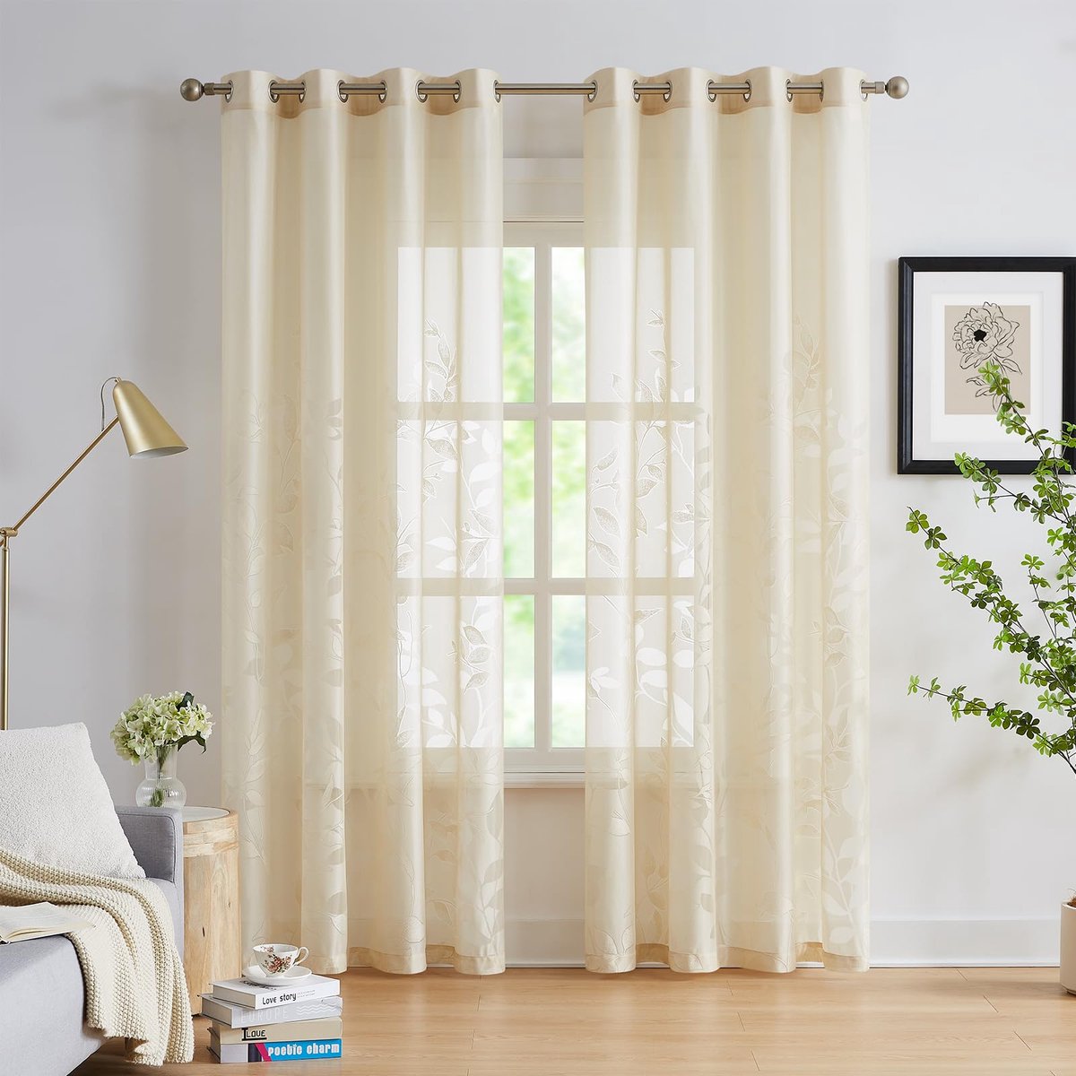 Unyqoos ® Elegante Jacquard Kanten Gordijnen met Bladmotief en Inslagringen voor Slaapkamer en Woonkamer beige