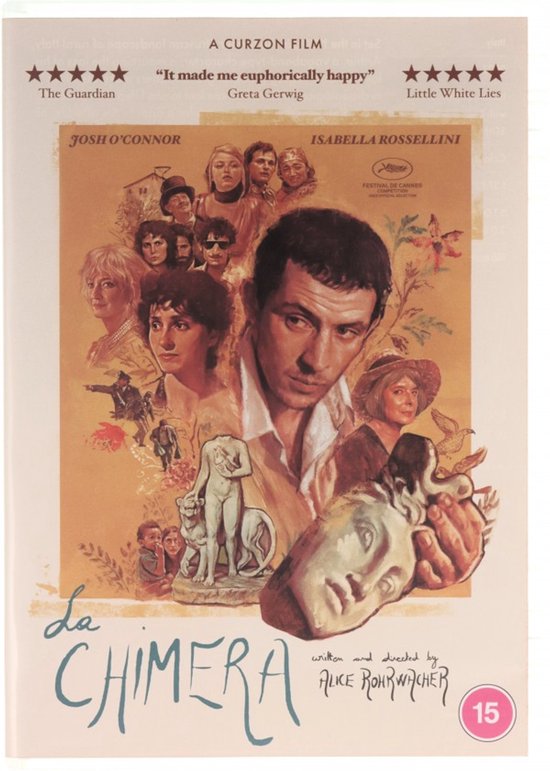 Filmcover van La Chimera met portretten van acteurs, Griekse beelden en de titel.