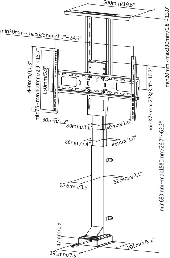 Technische tekening van een zwarte elektrische TV-lift met afmetingen en specificaties.