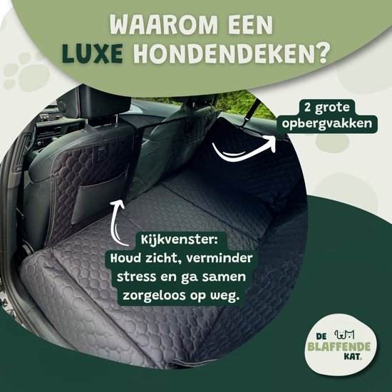 Zwarte hondendeken in de auto met kijkvenster en opbergvakken.