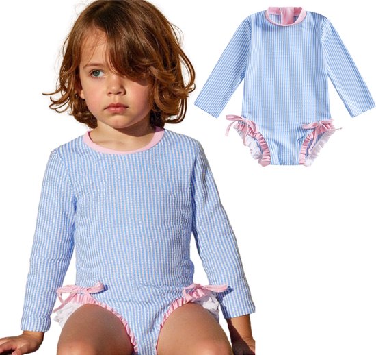 Joya Kids® Badpak Lange Mouw Licht Blauw met Streepjes en Roze Ruches Meisjes | Zwempak met ruches UV Badpak | Zwempak Lange Mouw UV Bescherming Streep | Meisje Bikini Zomer | Kinderbadpak Peuter | Maat 3-6 Maanden