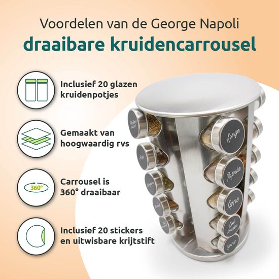 George Napoli Kruidenrek Draaibaar - Staand - Kruidenpotjes - Kruiden Carrousel - 20 Kruidenpotjes - Zilver - RVS - Aanrecht Organizer