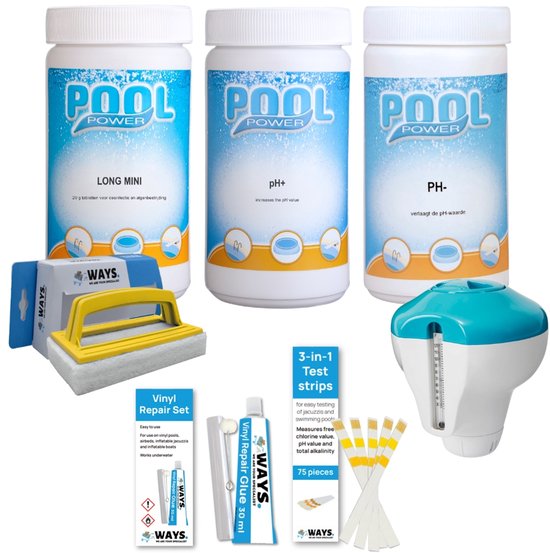 WAYS Zwembad & Spa Onderhoudspakket - Complete Waterbehandeling voor Zwembad en Jacuzzi - Inclusief Chloor, pH en Accessoires