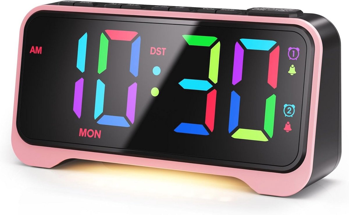 RGB Wekker met Nachtlampje - Digitale Snooze Klok voor Kinderen en Studenten - Instelbare Helderheid, Dubbele Alarmen en USB-Oplaadpoort