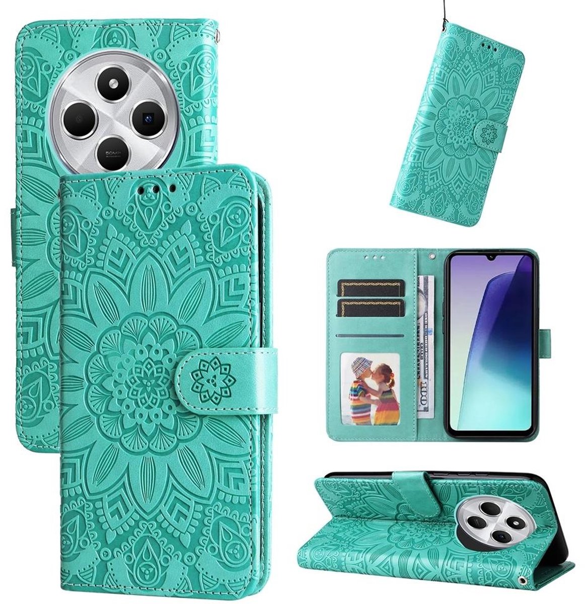 Mobigear Telefoonhoesje geschikt voor Xiaomi Redmi 14C Hoesje | Mobigear Sunflower Bookcase Portemonnee | Pasjeshouder voor 3 Pasjes | Telefoonhoesje voor Pinpas / OV Kaart / Rijbewijs - Groen