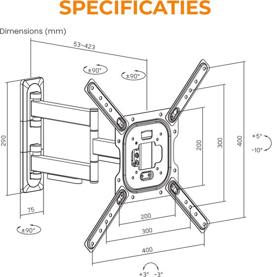 Douxe® DTS-01 - TV Beugel - Muurbeugel TV voor 17 t/m 65 Inch - Full Motion Draai- en Kantelbaar - voor TV's tot 35 KG