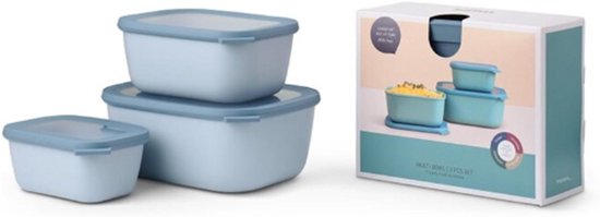 Multikom Cirqula Rechthoekige Set 3-Delig - 750Ml - 1500Ml - 3000Ml - Nordic Blue - Magnetron En Vriezer Geschikt - BPA-Vrij - Vershoudbakken Met Deksel