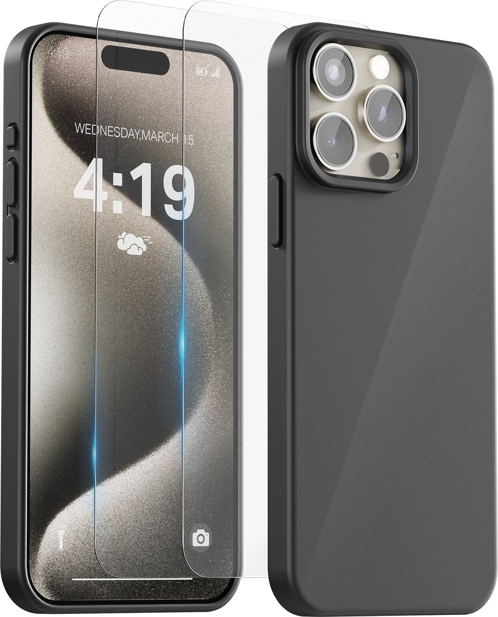 Hoesje Geschikt voor iPhone 15 Pro - Zwart - Anti Shock silicone case hoes - 2x Screenprotector tempered glass