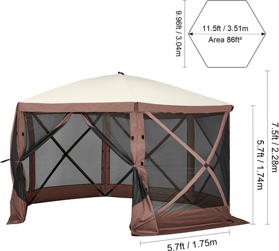 Pop-up Paviljoentent, 6-Zijdige Zonwering met Verwijderbare Privacyschermen en Gaasramen, 11,5 x 11,5 Foot Snel op te Zetten Tent met Muskietennet, Bruin van Merkloos — afbeelding 5