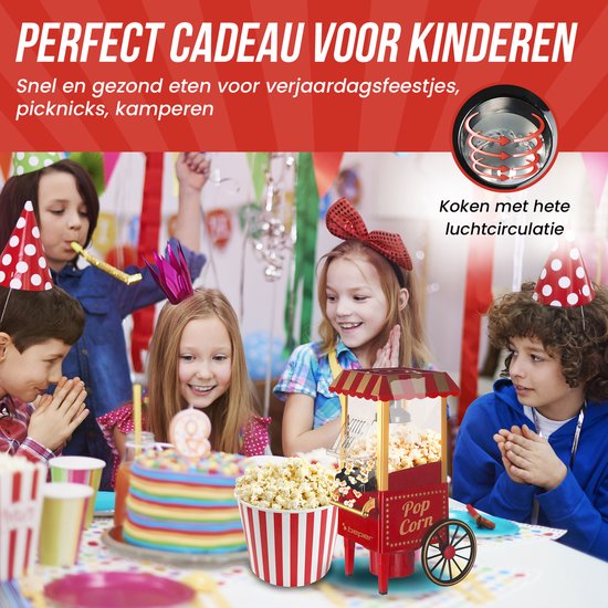 Kinderfeestje met rode popcornmachine, kinderen met popcorn. Feestelijke sfeer met ballonnen en hoedjes.