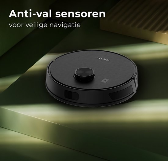 Zwarte, ronde robotstofzuiger met anti-val sensoren voor veilige navigatie.