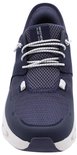 Vooraanzicht van een donkerblauwe Skechers sneaker met witte veters en witte zool.