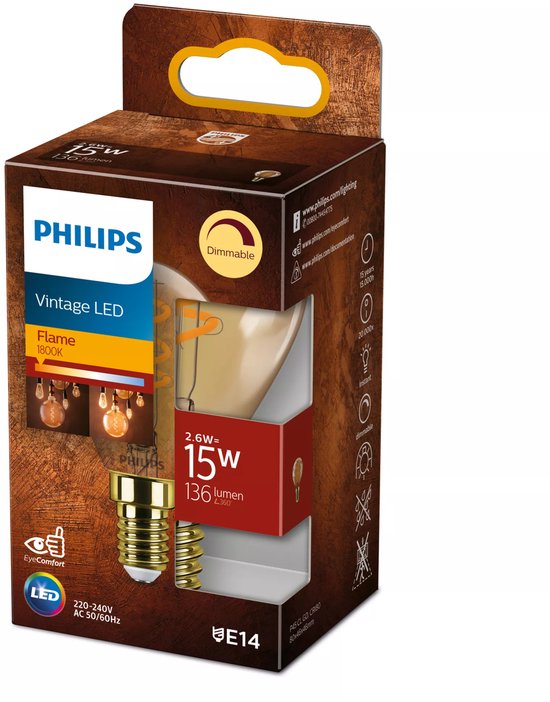 Philips Vintage LED - Dimbare lamp - 15W - Extra warmwit licht: 1800K - E27 fitting - Amberkleurig glas - Kogellamp