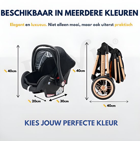 Zwarte autostoel (40x30x20cm) en gevouwen kinderwagen (40cm breed).