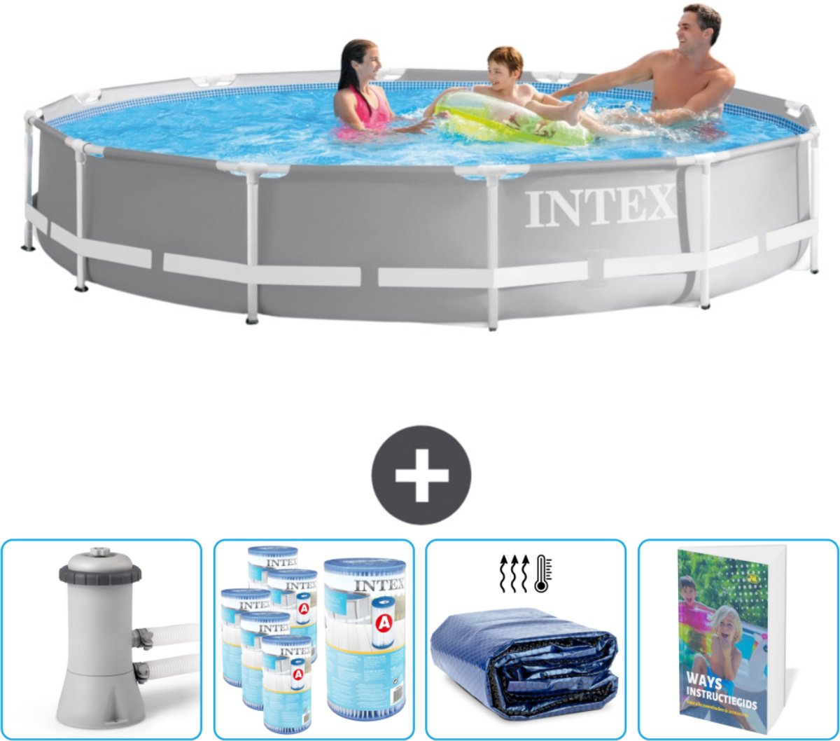 Intex Rond Prism Frame Zwembad - 366 x 76 cm - Grijs - Inclusief Zwembadfilterpomp - Filters - Solarzeil - Zwembadgids
