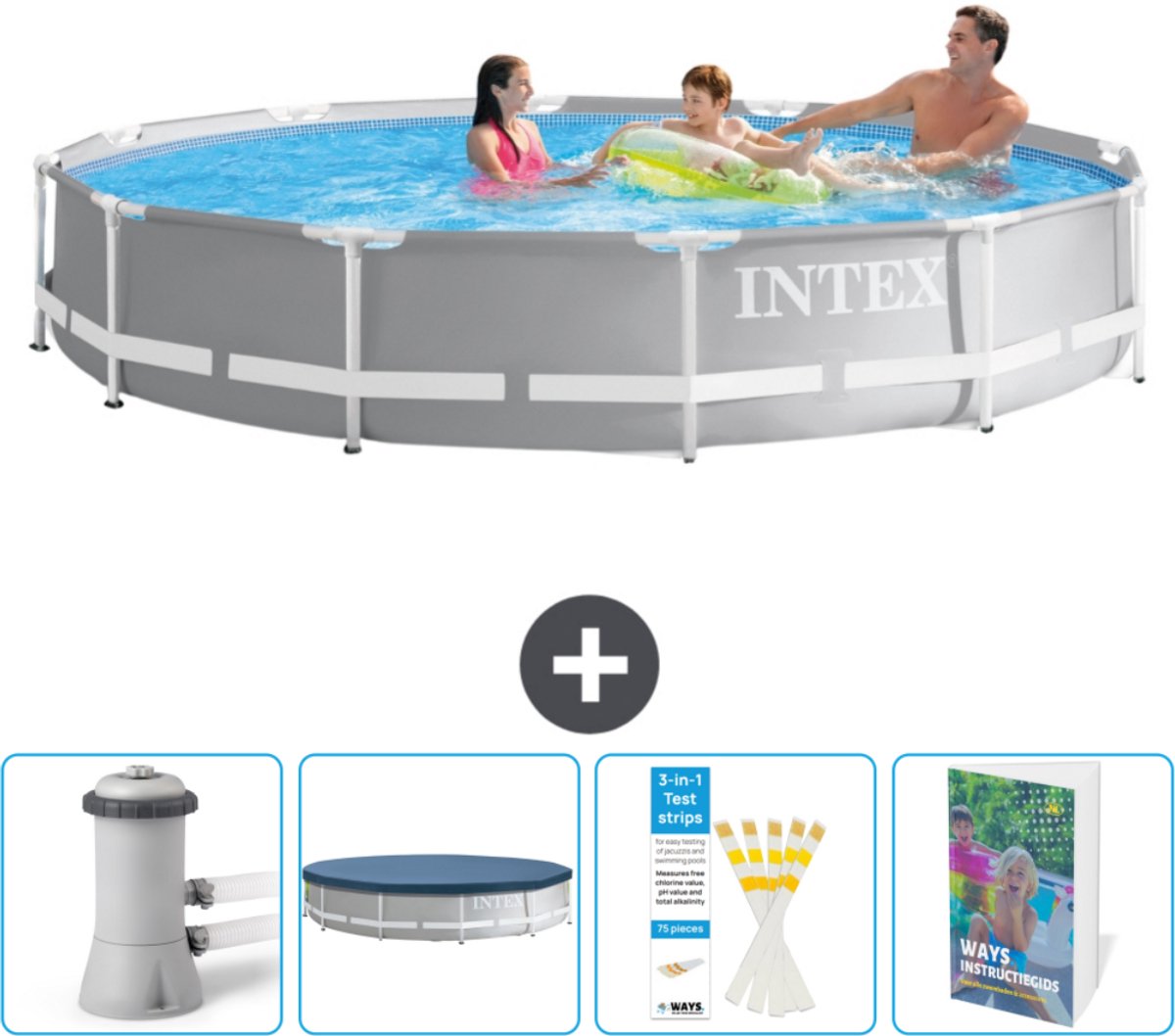 Intex Rond Prism Frame Zwembad - 366 x 76 cm - Grijs - Inclusief Zwembadfilterpomp - Afdekzeil - Testrips - Zwembadgids