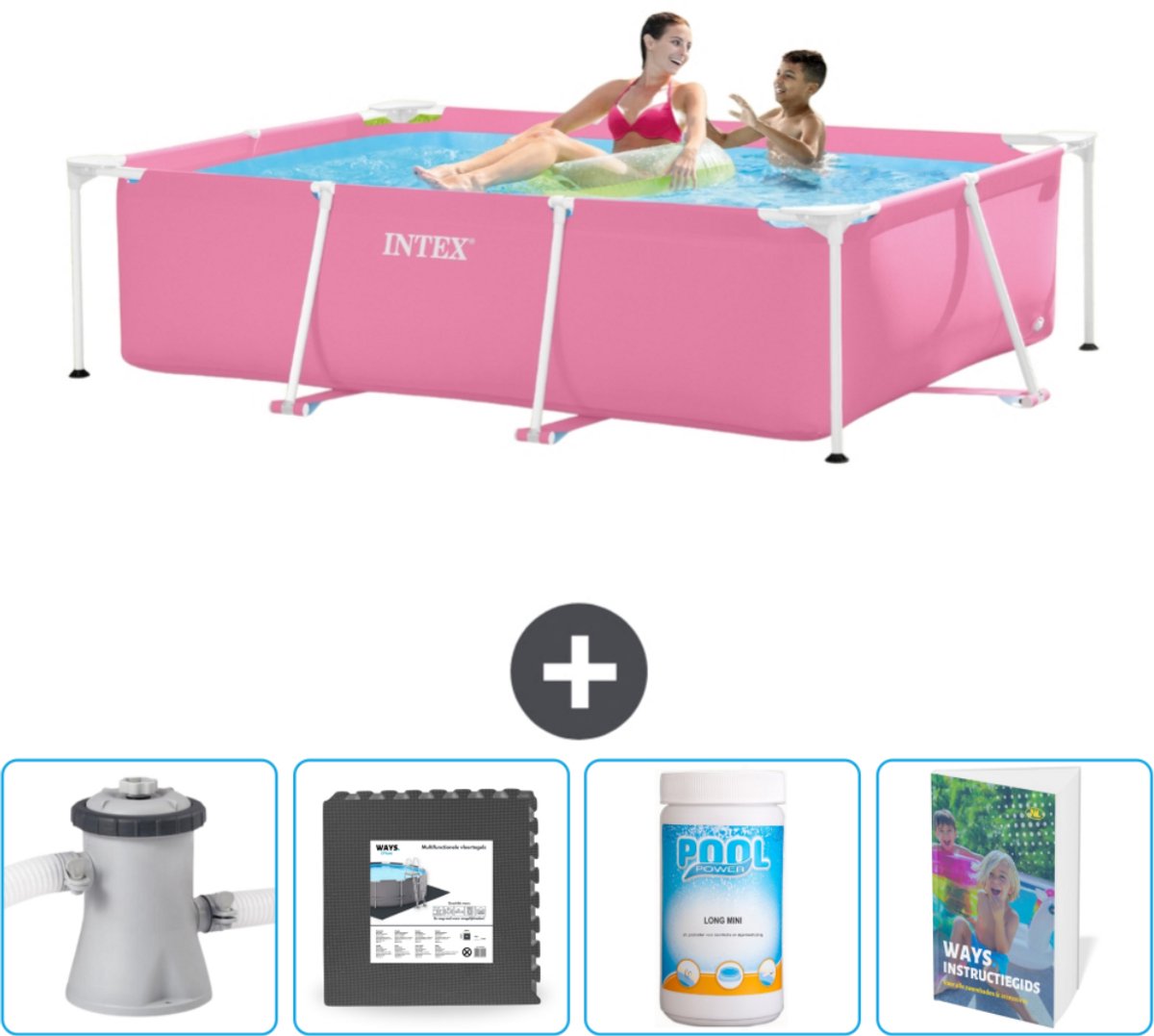 Intex Rechthoekig Frame Zwembad - 220 x 150 x 60 cm - Roze - Inclusief Zwembadfilterpomp - Vloertegels - Chloor - Zwembadgids