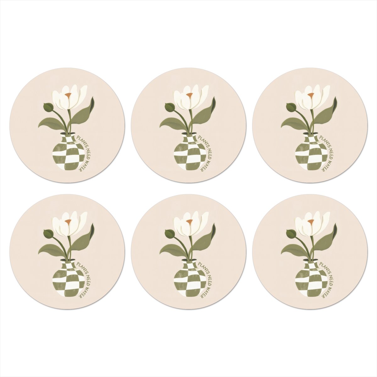 Onderzetters voor glazen - Rond - Bloem - Wit - Vaas - Quote - 10x10 cm - Glasonderzetters - 6 stuks