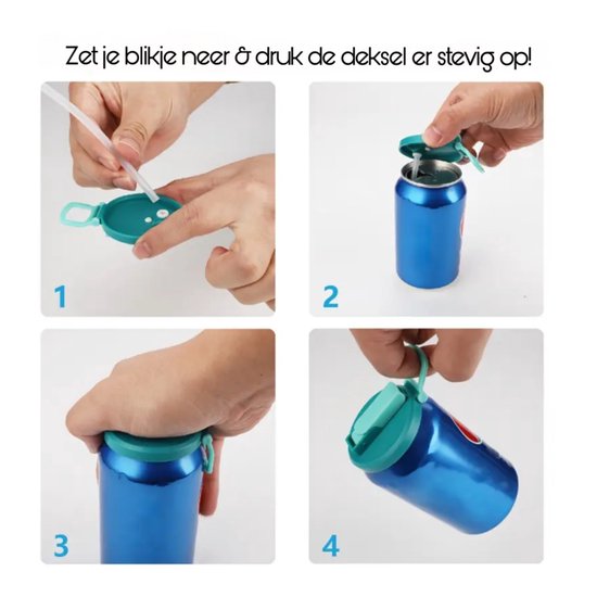 Instructies voor het bevestigen van de dop: Stap 1: Plaats rietje. Stap 2: Sluit dop. Stap 3: Druk stevig aan. Stap 4: Bevestigd.