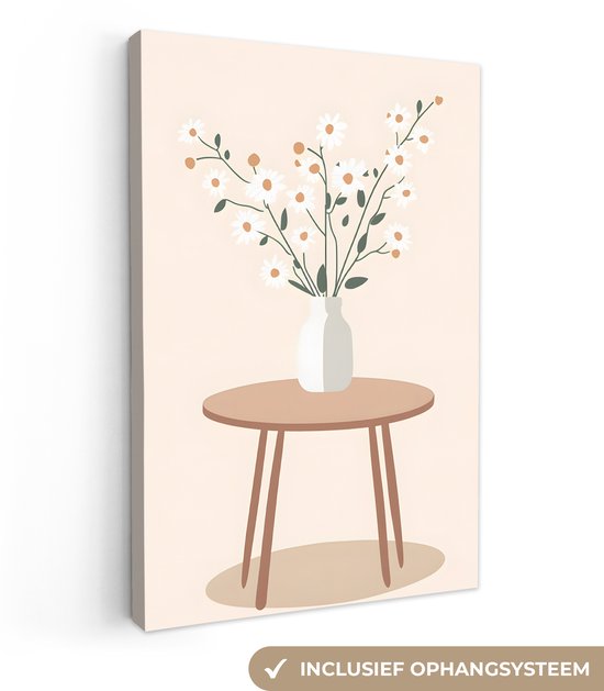 Tableau sur toile 80x120 cm - Décoration murale exclusive Vase - Fleurs - Pâquerettes - Beige - Décoration murale salon - Décoration chambre à coucher - Accessoires de chambre - Tableaux sur toile