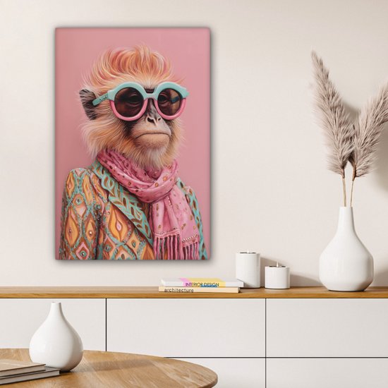 Tableau sur toile 60x90 cm - Décoration murale Foulard - Singe - Lunettes de soleil - Veste - Décoration murale salon - Décoration chambre - Accessoires chambre - Peintures sur toile