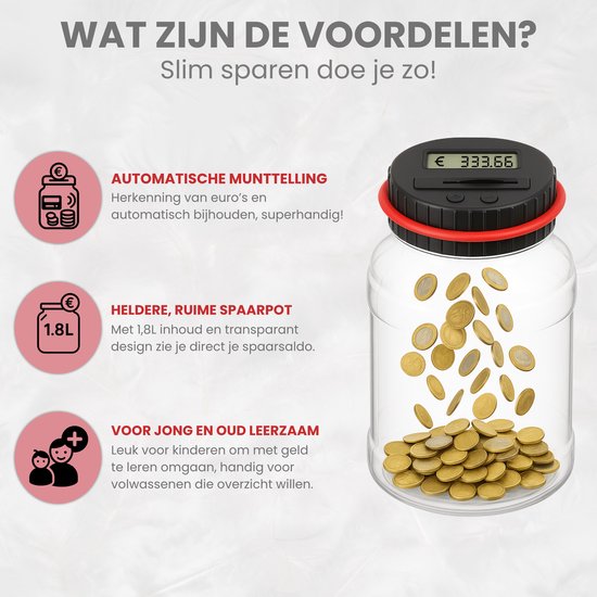 Digitale spaarpot met transparant ontwerp, 1,8L inhoud, met munten die erin zweven. Biedt informatie over automatische muntentelling, grote capaciteit en leerzaam voor jong en oud.