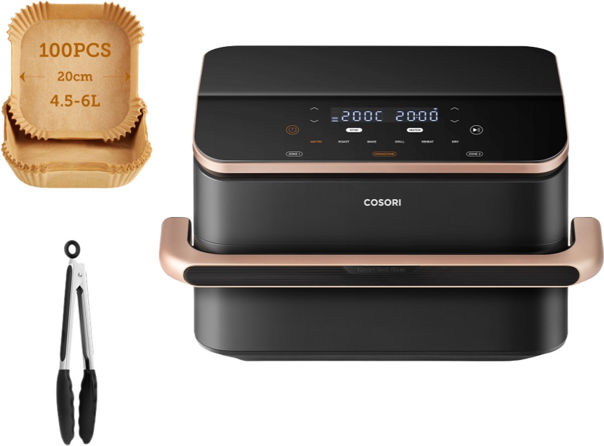 Cosori Twinfry Dubbele Airfryer XXL - met 100 stuks bakpapier - Heteluchtfriteuse 10 liter - Twee kookvakken of 1 MegaZone - 6 Programma's - Boven- en Onderwarmte - Dual Zone Technologie