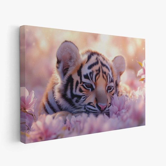 FineArtia - Rustende tijger in bloemenveld - Canvas Schilderij - 150 x 100 cm - Woonkamer Decoratie - Blauw;Rosegoud - Slaapkamer Schilderij - Wanddecoratie