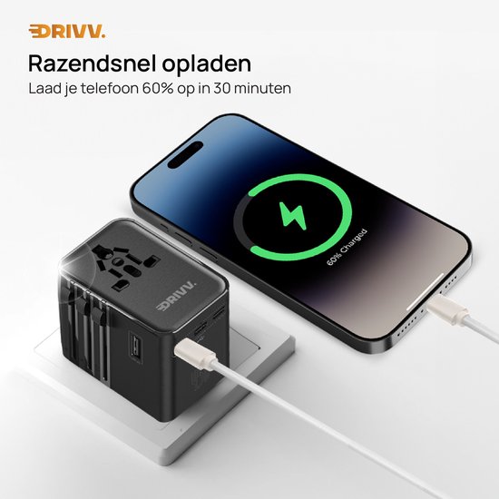 Drivv. Wereldstekker Universeel - 45W Snellader – Reisstekker Amerika / Engeland / Japan / Thailand – 2× USB & 3× USB-C – Type A, B, C, E, F, G, I, J, L, N – 180+ Landen – Reisadapter Zwart