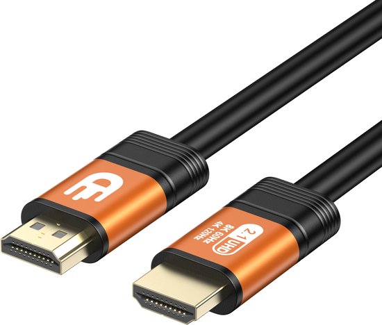 Deux câbles HDMI orange et noirs, avec connecteurs dorés.