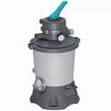 Grijze en witte zandfilterpomp met turquoise hendel en drukmeter.