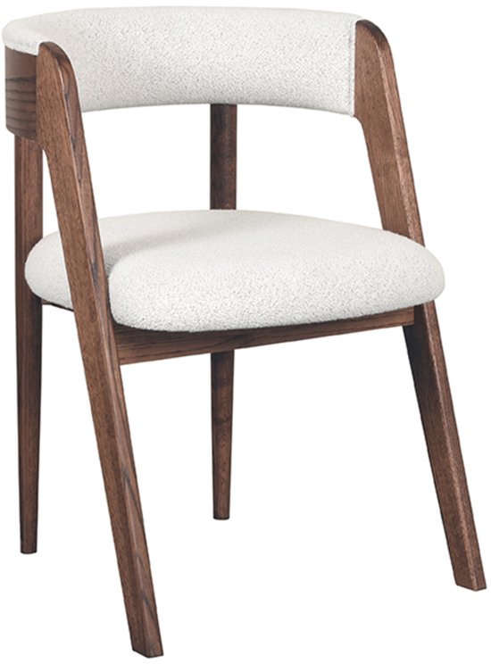 Eetkamerstoel met witte teddy bekleding en een walnoot houten frame, gebogen rugleuning.