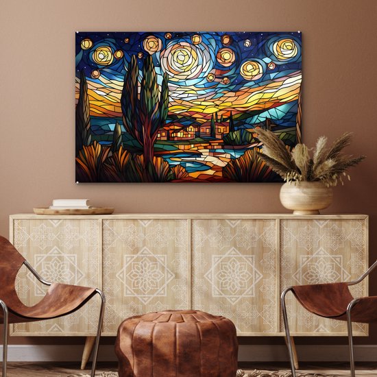 MuchoWow® Tableau sur verre 120x80 cm - Tableau sur verre acrylique - Ciel - Étoiles - Mosaïque - Maisons - Photo sur verre - Décoration murale salon - Décoration murale chambre - Peintures