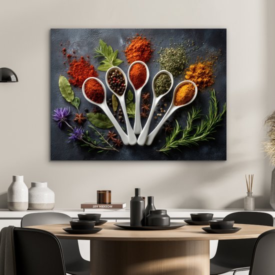 Aluminium schilderij 80x60 cm - Wanddecoratie metaal - Lepels - Wit - Poeder - Kruiden - Metalen muurdecoratie woonkamer - Decoratie industrieel - Foto op dibond - Industriële accessoires slaapkamer