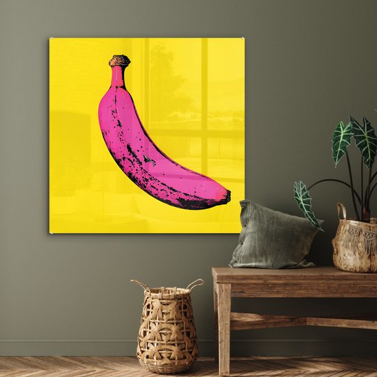 MuchoWow® Tableau sur verre 90x90 cm - Tableau acrylique sur verre - Banane - Graphique - Jaune - Photo sur verre - Décoration murale salon - Décoration murale chambre - Peintures