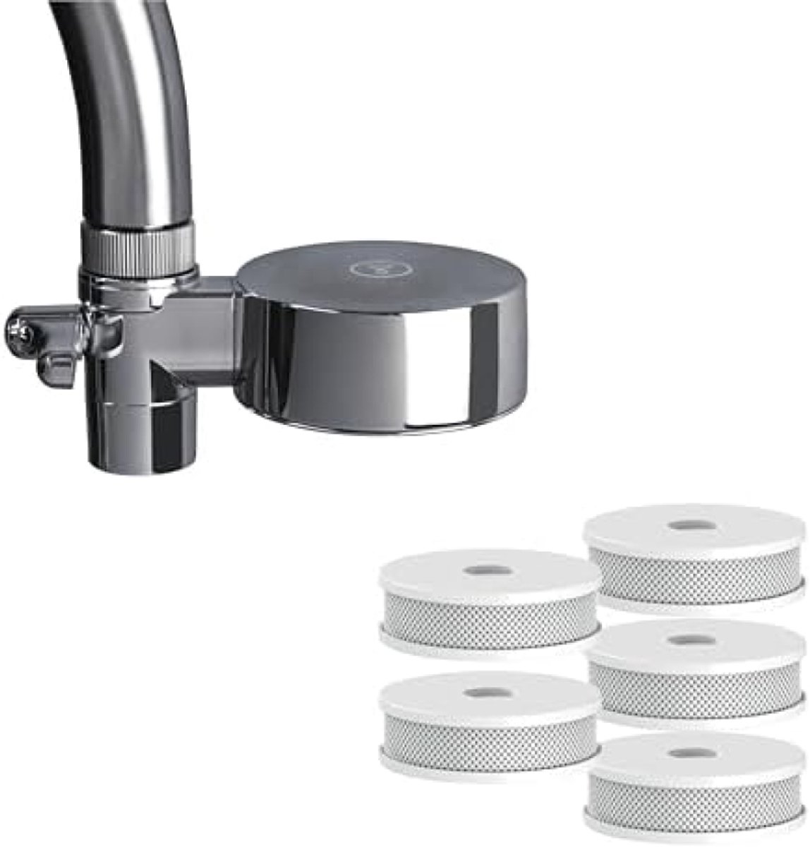 PolkaHome EcoPro Compact Kraanwaterfilter - Kleinste waterfilter voor kraan, 5-traps filtersysteem met nanotechnologie, verwijdert meer dan 100 stoffen (verchroomd, inclusief 6 navullingen)