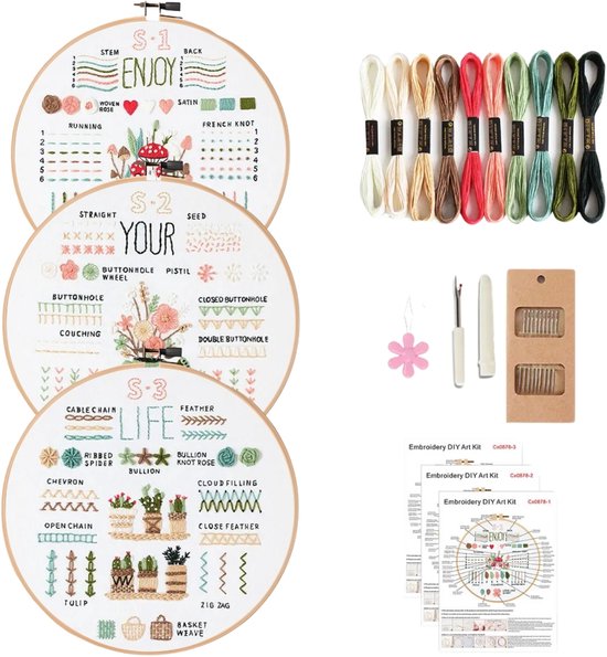 Crafsly Borduurpakket beginner - Leer 30 verschillende steken – borduren pakket volwassenen - Borduurset van 3 - Hobby en Creatief – DIY – Bamboe borduurringen