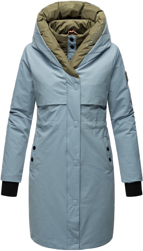 Veste courte bleue pour femme avec col et capuche vert olive.