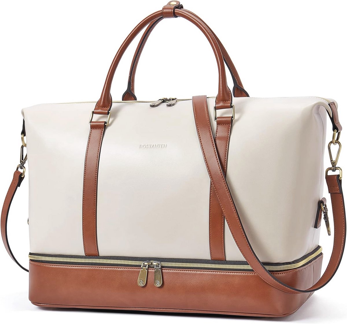 Weekendtas Leren Schoudertas Reisbagage Handbagage Beige Bruin 45x22x32cm