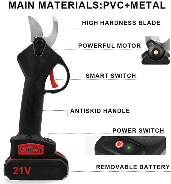 Draadloze takkenschaar compatibel met Makita 18 V (geen batterij), opening 55 mm, snijdiameter max. 40 mm, lcd-display, elektrische snoeischaar, oplaadbare snoeischaar voor boomtakken