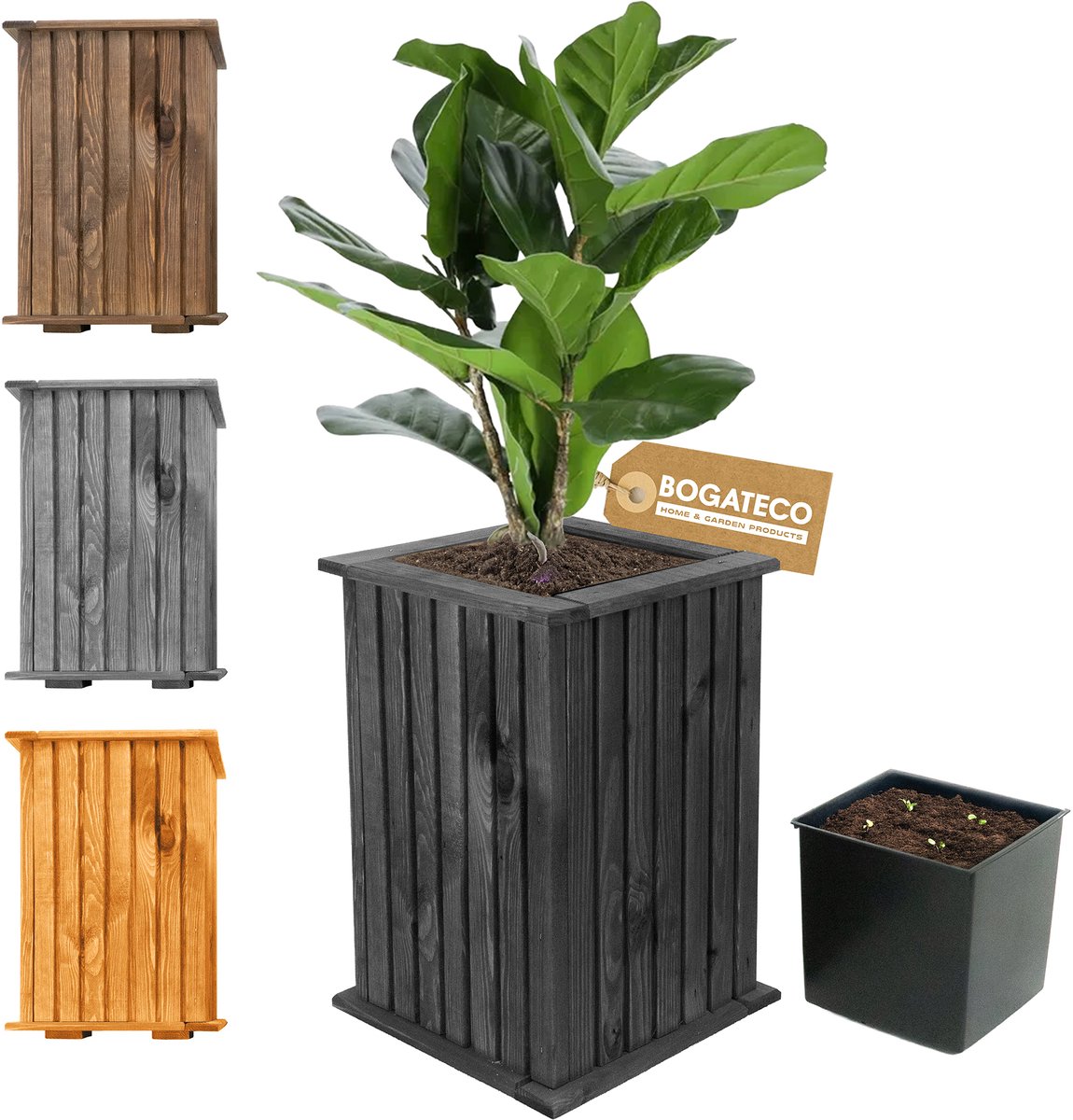 BOGATECO houten bloembak | Plantenbak | Bloempot 40 x 25 x 25 cm | Kruidenpot voor huis tuin balkon terras | Pot met kunststof inzetstuk | Waterdicht | Zwart
